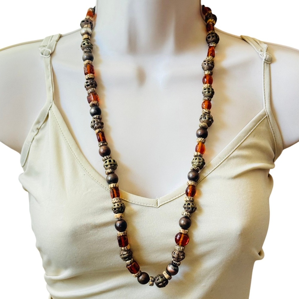 VTG Boho Beaded Hippie Necklace Brass Bronze Glass beads Retro 29" 70s Ethnic